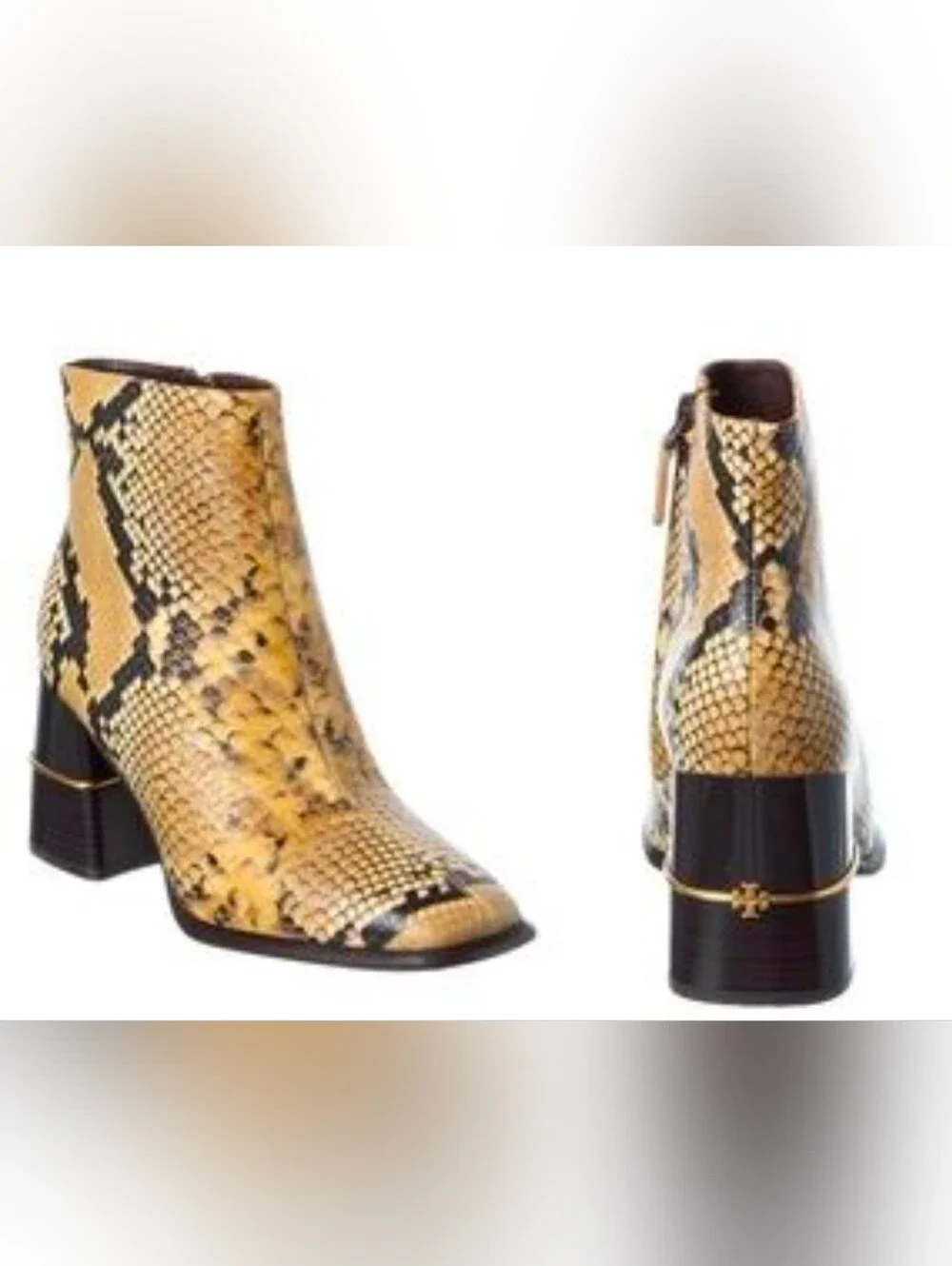 NWT- Tory Burch Yellow Snake-Print Block Heel Leather Ankle Booties-No Box